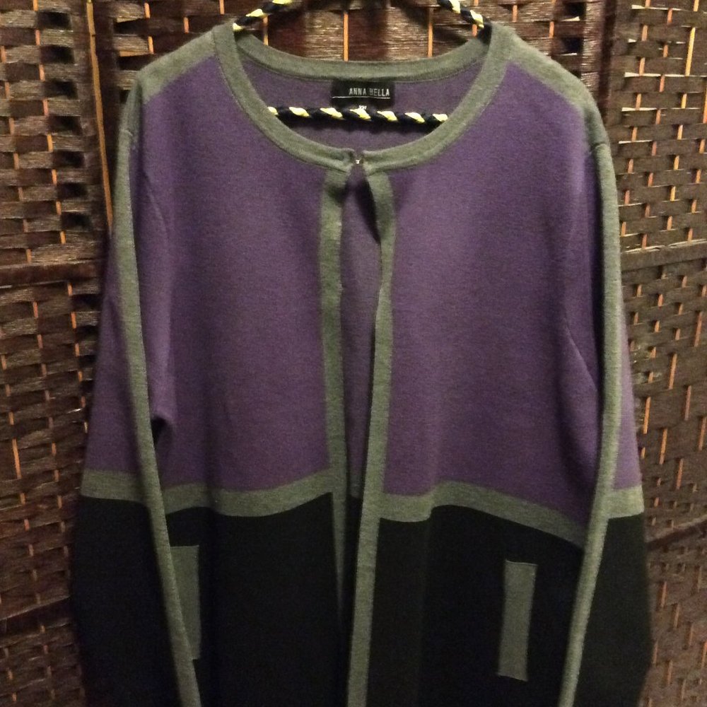 Size XXL - Purple/Black/Grey Long Color Block Sweater w/ Pockets
